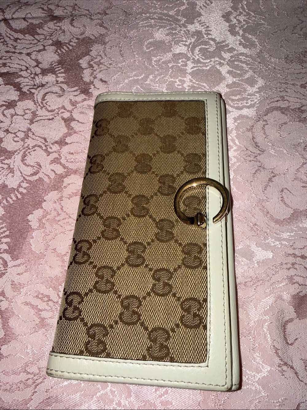 Gucci Beige Canvas and White Leather Continental Wallet with Gold Ring